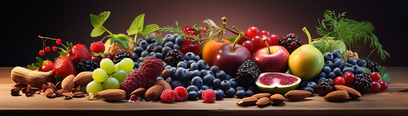 A variety of fruits and nuts are arranged on a wooden table.