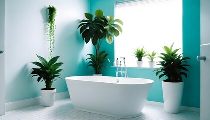 Modern white tub and beautiful green houseplants