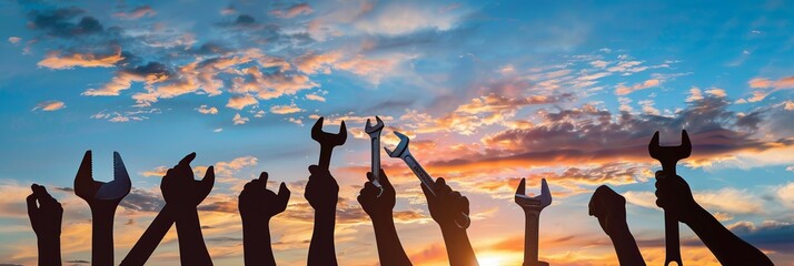 Digital composite of Silhouette hands holding tools against sky, worker's day, labor day