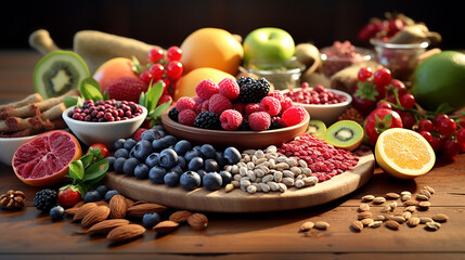 An assortment of fruits, vegetables, and nuts on a wooden table.