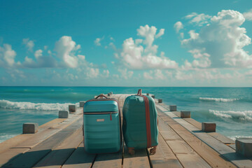 Travel baggage on the pier with the ocean as a background. idea with a tourism focus.