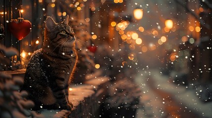 the charm of a cute cat frolicking in the enchanting streets of London during Christmas, adorned with a blanket of snow and bathed in cinematic light