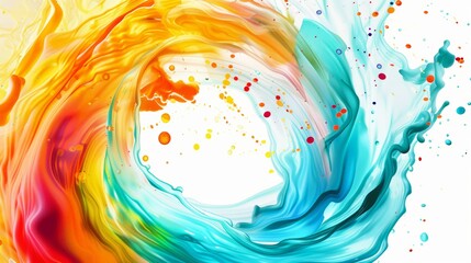 Vibrant abstract art showing a circle liquid motion flow explosion with colorful curved waves and droplets, set against white