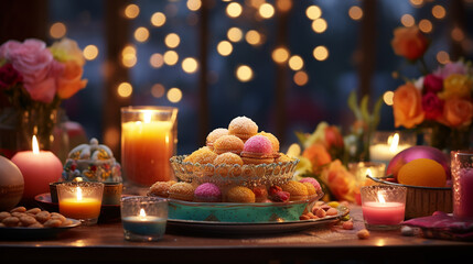 A table full of Diwali sweets and candles.