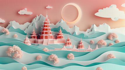 Stylized digital artwork of a whimsical landscape with pastel colors featuring a temple amidst rolling hills under a surreal sky.