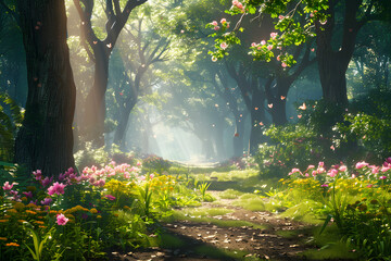 illustration of a magical forest glade with sunbeams