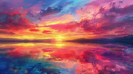 Realistic depiction of a vibrant sunset over a serene lake, with the colorful sky reflecting beautifully on the water's surface
