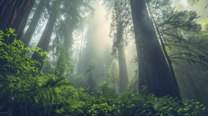 Soft light filtering through a canopy of towering redwoods, the fog adding a mystical quality to the lush, green forest understory