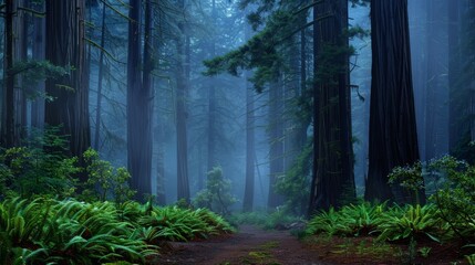 Fototapeta premium Tall redwood trees piercing through dense fog, the forest floor carpeted with ferns, capturing the quiet majesty of an untouched natural world