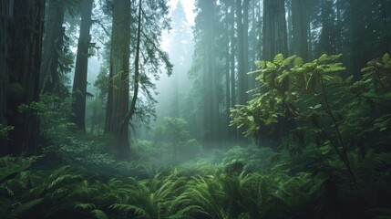 Tall redwood trees piercing through dense fog, the forest floor carpeted with ferns, capturing the quiet majesty of an untouched natural world