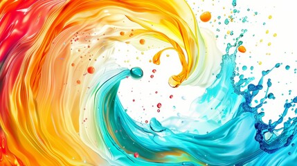 Vibrant abstract art showing a circle liquid motion flow explosion with colorful curved waves and droplets, set against white