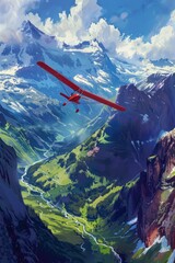 A red biplane flies low over a lush green valley with mountains in the background, under a sunny blue sky filled with clouds