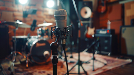 Fototapeta na wymiar Microphone Stand A microphone stand set up in a recording studio or live performance venue, providing support for a microphone during vocal recording or amplification,