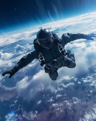 A scene depicting an astronaut in a modern spacesuit freefalling in space with Earth's atmosphere and surface visible in the backdrop