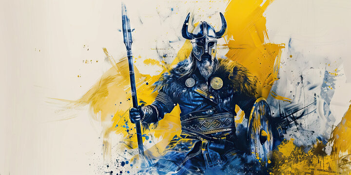 Swedish Flag with a Viking and a Furniture Designer - Picture the Swedish flag with a Viking representing Sweden's historical heritage and a furniture designer