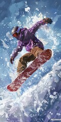 Dynamic illustration of a snowboarder in action, catching air off a snow-capped mountain with dramatic snow spray around