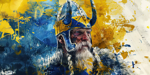Swedish Flag with a Viking and a Furniture Designer - Picture the Swedish flag with a Viking representing Sweden's historical heritage and a furniture designer