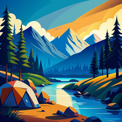 illustration of camping on the lake