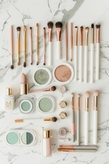 A comprehensive collection of makeup products and brushes displayed on a marble background