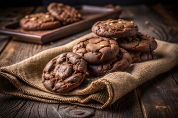 Delicious homemade dark chocolate cookies on a cloth i n dark.