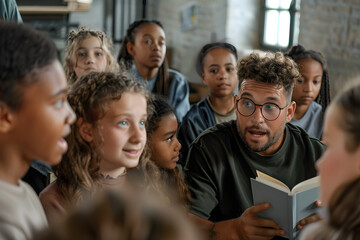 Landscape photograph of, a group of students eagerly listening to their male teacher read aloud in a class room, engagement evident on their faces. Happy Teacher's Day.