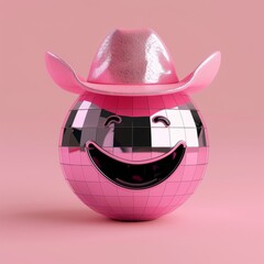 A shiny disco ball with a welcoming smile showcases a detailed pink cowboy hat, embodying a sense of joy and party vibes
