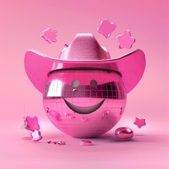 This 3D render features a disco ball character with an oversized pink hat, creating a playful and cheerful party atmosphere