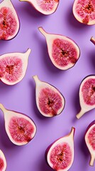 Elegant top view of fresh figs neatly sliced revealing their intricate patterns, placed on a purple background perfect for culinary content