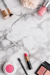Elegant flat lay of various cosmetic products neatly arranged on a textured marble background, illustrating beauty and skincare routines