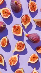 Vibrant presentation of ripe figs cut in half, casting soft shadows on a gradient purple backdrop, suitable for recipe websites or cookbooks