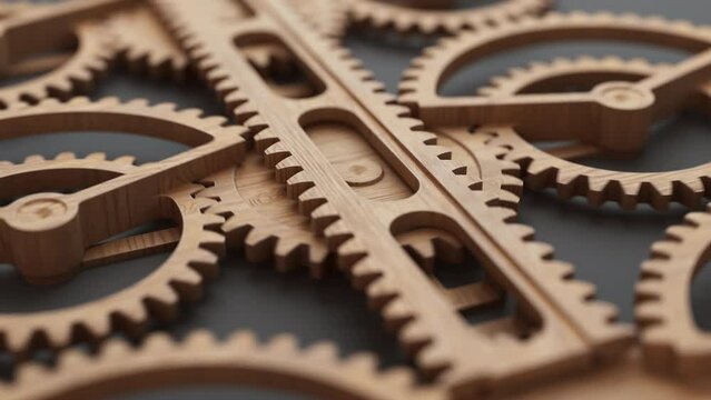 Looping animation of a group of wooden gears using a wooden gear rack. Looped movement. Close-up. Defocus