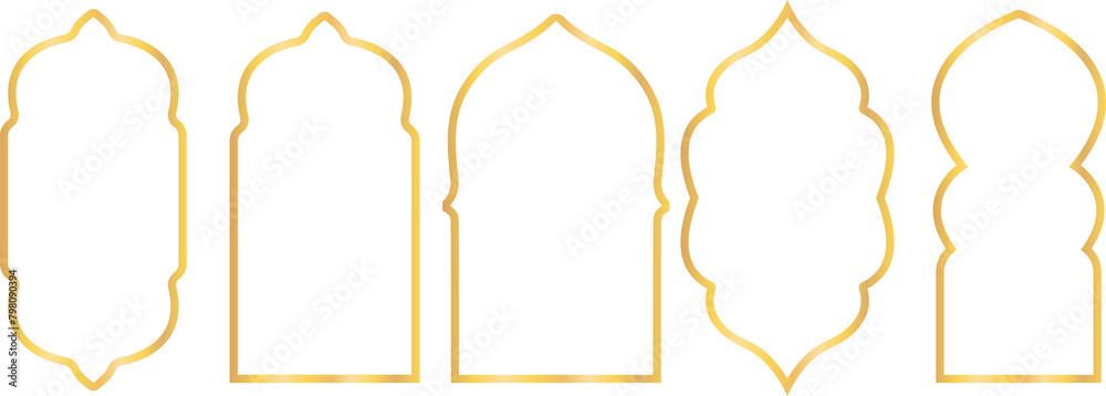 Wall mural Set of gold doors and windows silhouette, Arabian arch frame. Arabic traditional architecture icons.