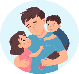 Father's Day card with cute  illustrations of dad with son and daughter, modern typography Father's Day. Templates for poster, cover, banner, social media