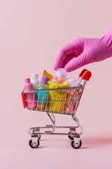 A vibrant and colorful image of a hand with a pink rubber glove pushing a mini shopping cart filled with various cleaning supplies