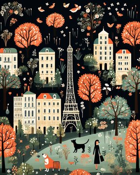 Handdrawn Paris and animals, repeating pattern for chic wrapping paper ,  illustration