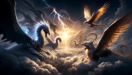 A group of birds are fighting in the sky, with one of them being a dragon