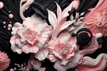 Abstract digital art of flowers in shades of pink, black, and white
