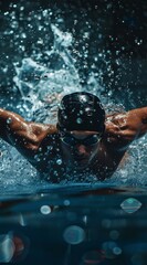 Dynamic image of a swimmer in mid-stroke creating a splash in the water, capturing the intensity and energy of competitive swimming