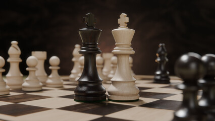 Realistic wooden chess game featuring two king figures on wooden checkerboard symbolizing same sex relationship concept