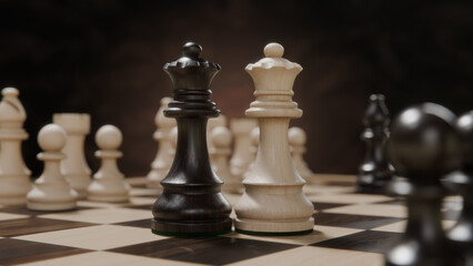 Obraz premium Realistic wooden chess game featuring two queen figures on wooden checkerboard symbolizing same sex relationship concept