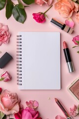 A pink background features roses, lipstick, and eyeshadow with a blank notebook, perfect for beauty concepts