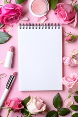 Notebook central to the image surrounded by elegantly placed roses and makeup items on a pink background