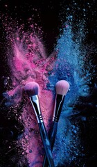 A visual spectacle, makeup brushes cause a colorful explosion of pink and blue powder, perfect for beauty and artistic themed content