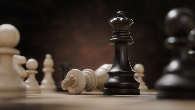 Realistic wooden chess game featuring checkmate by black queen on wooden checkerboard