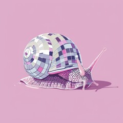 A funky snail with a shiny disco ball as its shell against a soft pink background, symbolizing slow pace in a fast-paced world