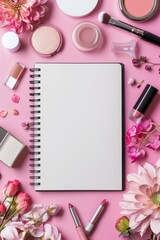 Obraz na płótnie Canvas Aesthetic flat lay of a notebook surrounded by makeup products and pink flowers, showcasing beauty and organization