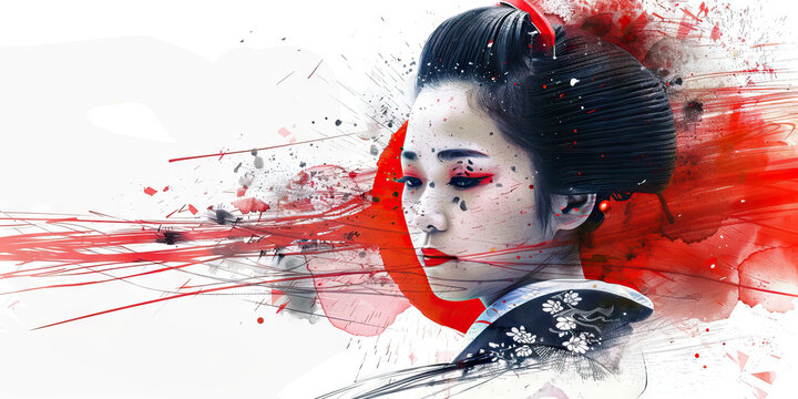 Japanese Flag with a Geisha and a Sumo Wrestler - Picture the Japanese flag with a geisha representing Japan's traditional arts and a sumo wrestler