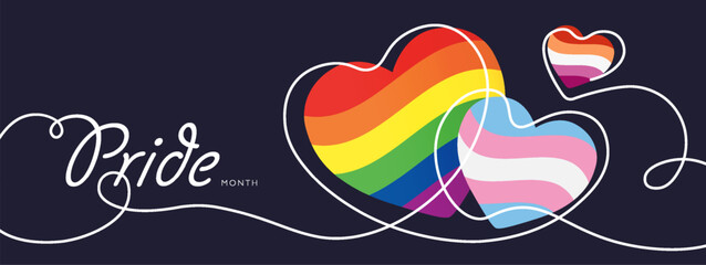 Pride Month banner with rainbow, lesbian, transgender flag hearts and continuous line drawing on dark background for LGBTQIA. Vector illustration.