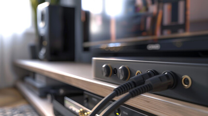 Optical Audio Cable An optical audio cable connected to a soundbar and a TV, transmitting digital...