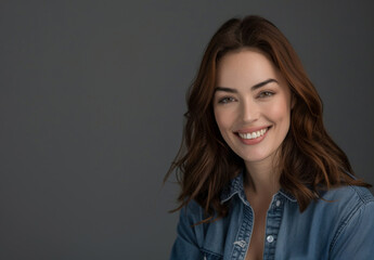 Fototapeta premium Portrait, beauty and happy woman with hair in studio isolated on gray background mockup space. Face, smile and model in casual clothes for fashion, skin or cosmetics of stylish student in Ireland